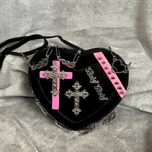 Ro Rox Heart Shaped Studded Handbag Cross Hardware Goth Glam Steampunk